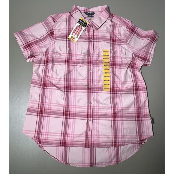 Eddie Bauer Short Sleeve Adventure Shirt Peach Starling Plaid Womens M *READ* - Picture 1 of 12